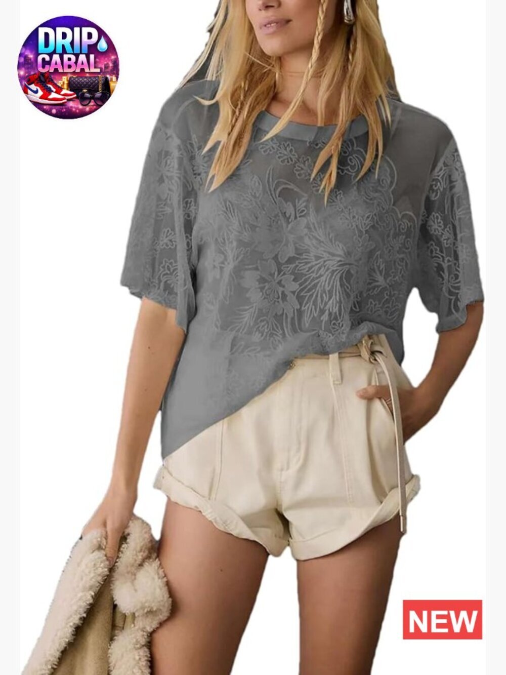 Sheer Mesh Lace Top with Floral Embroidery Short Sleeve See Through Blouse